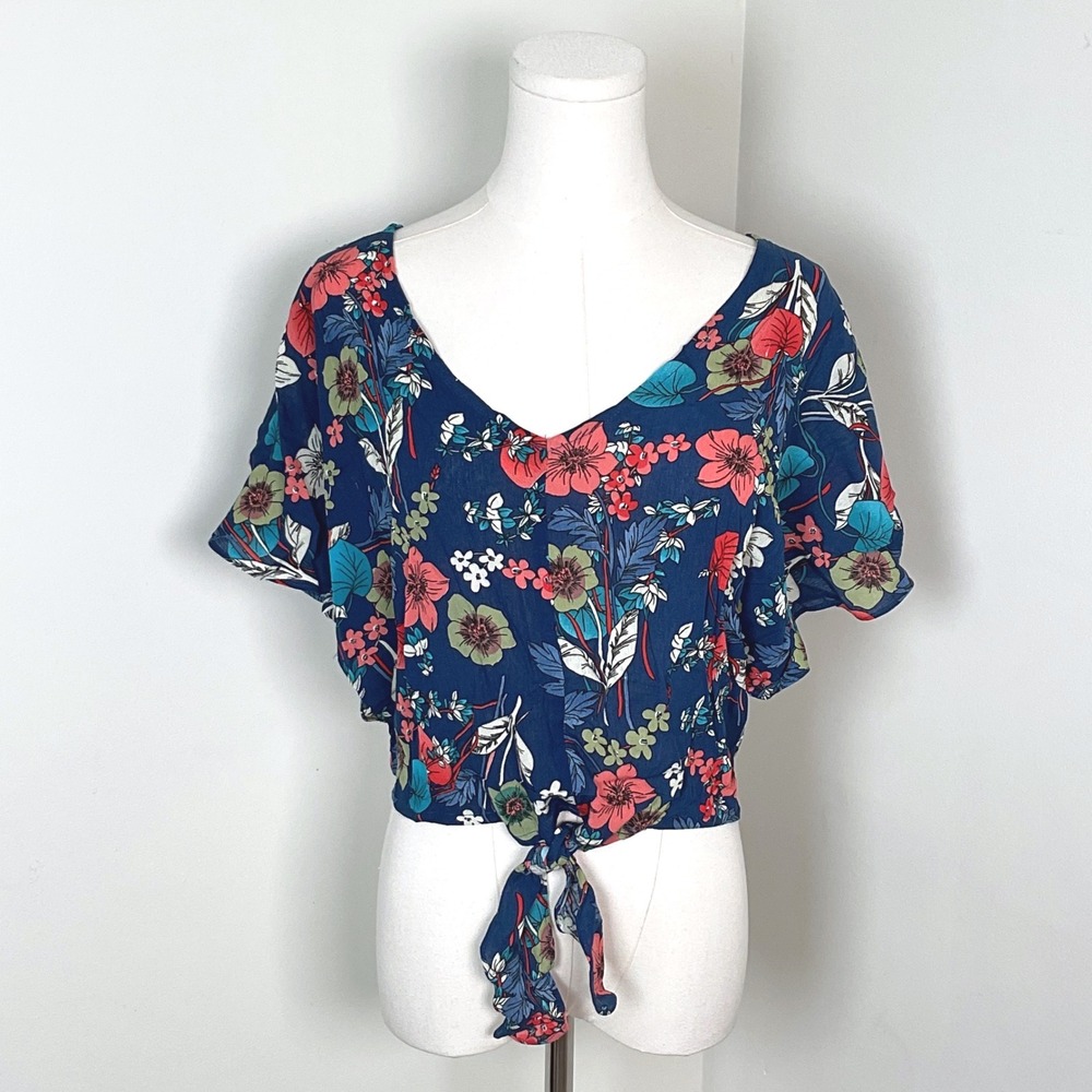 Hayden Los Angeles Navy Blue Tropical Floral Tie‎ Front Crop Top NWT Large